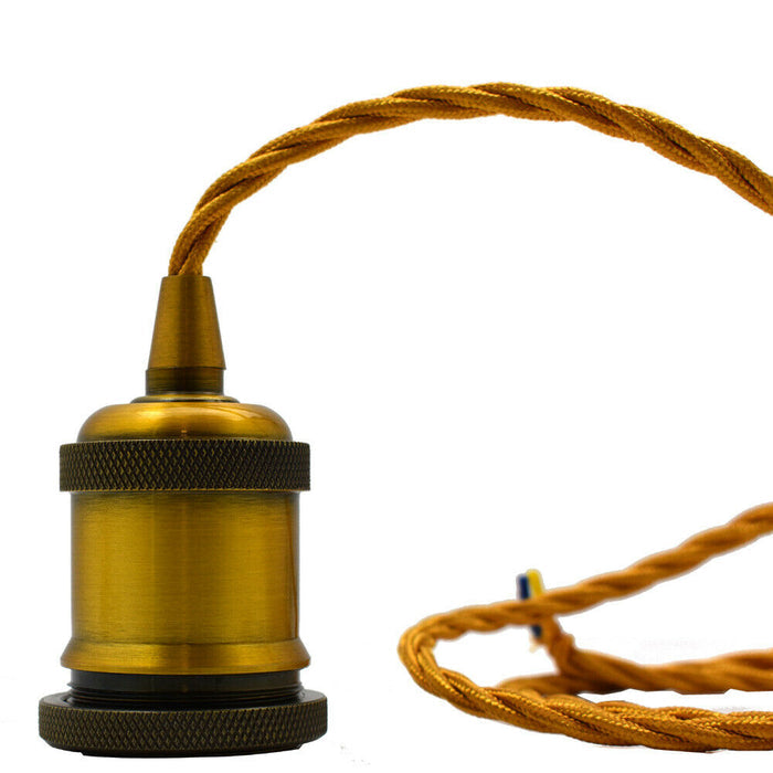 1m Yellow Brass Twisted Cable Pendant Light E27 White Holder ~2382