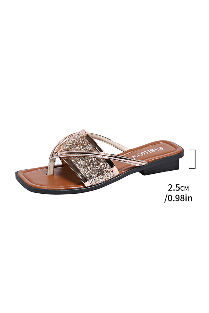 Gold Glitter Band Square Toe PU Leather Flat Slippers