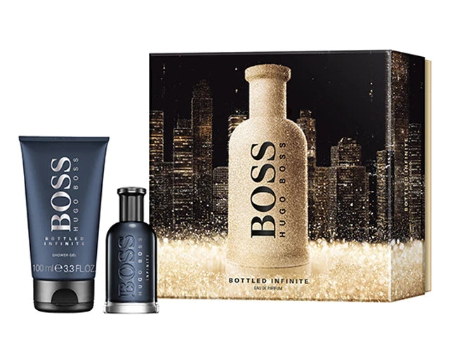 Hugo Boss Bottled Infinite EDP 50ml and Shower Gel 100ml gift set with perfume bottle and shower gel tube displayed.