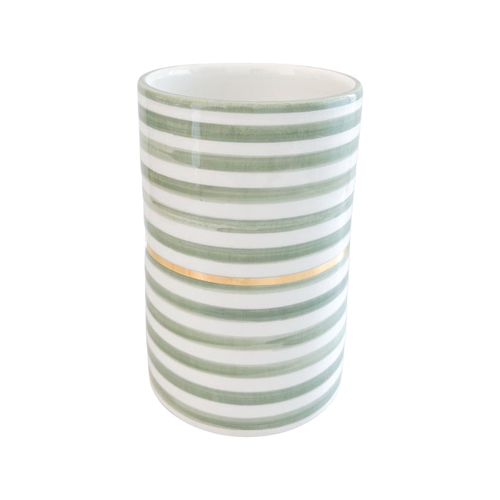 light green striped handmade moroccan vase with gold detail