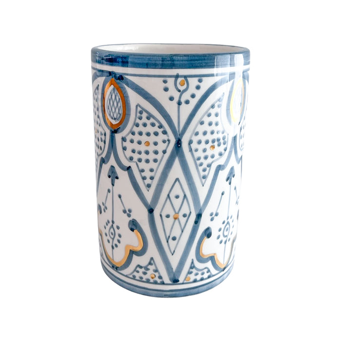 blue pattern motif handmade moroccan vase with gold detail