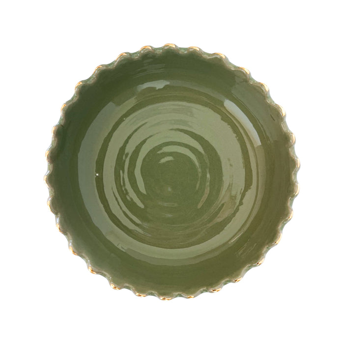 artisan handmade glazed Moroccan pottery green and gold bowl with scalloped edge