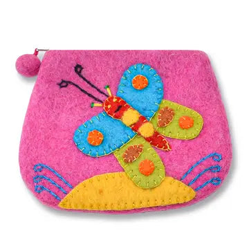 Pink Felted Butterfly with Flower Coin Purse
