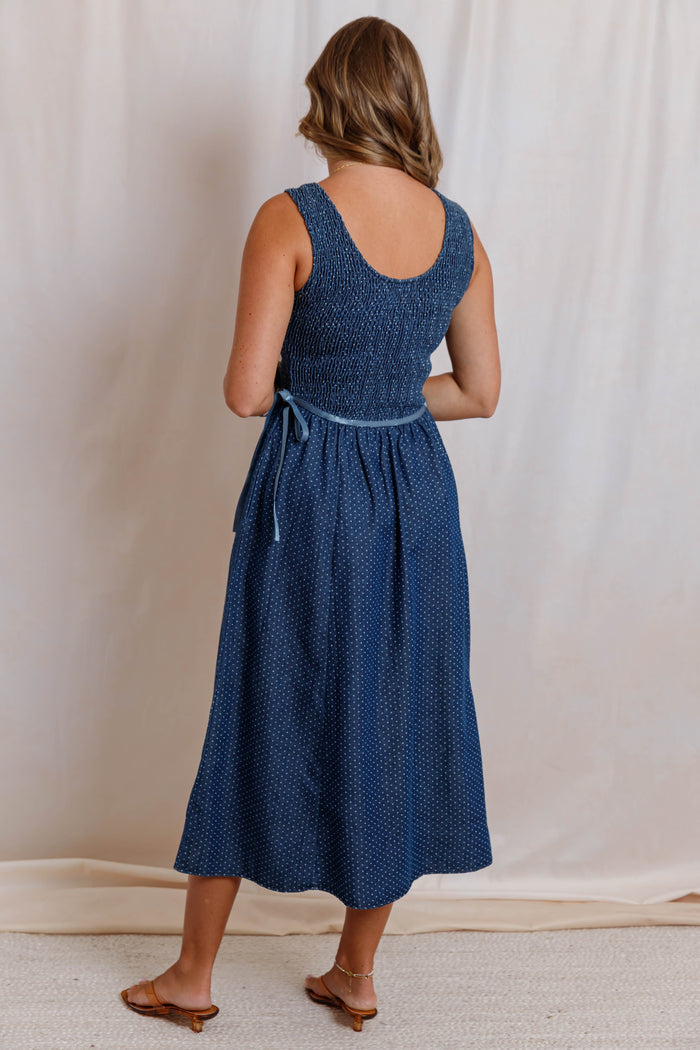Denim Polka Dot Midi Dress- Women's Smocked Blue Midi Dress- Sleeveless Denim Dress With Ribbon Ties