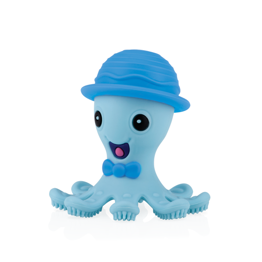 The Nuby Silly Teethe Textured Teether features a blue cartoon octopus with a big smile, large eyes, bow tie, and hat. Made of soft silicone to soothe sore gums, its textured tentacles are perfect for teething. Shown on a white background.