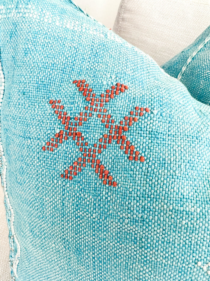Artisanal Handmade Moroccan embroidered cactus silk sabra pillow bright turquoise blue handwoven