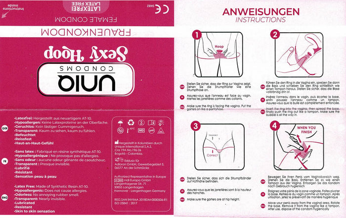 Information and instructions on how to use the Uniq Sexy Hoop Female condoms.