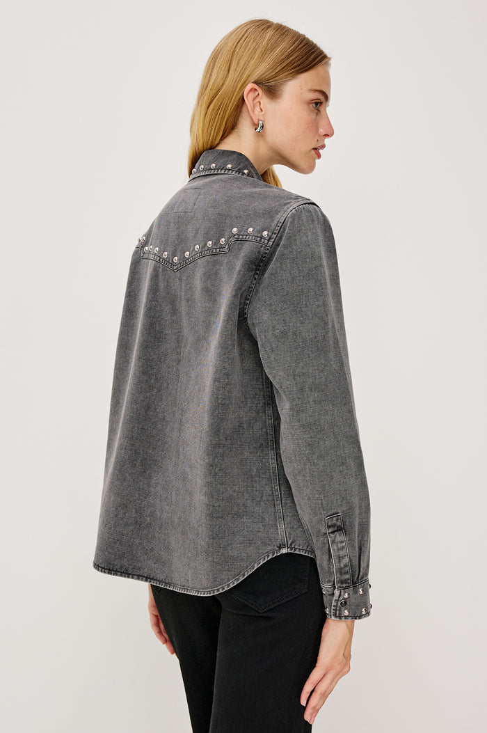 Vinea Collared Shirt in Vintage Twill With Vintage-Inspired Wash, Metallic Studs, Long Sleeves, and Front Snap Button Closures in Black Colorway - Upper Body Back View Featured on Model