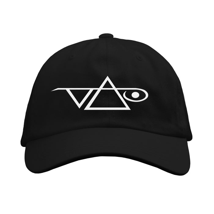 Black dad hat against white background. the center of the hat has the steve vai logo in white. The steve vai logo makes the word "vai" with an upside down triangle, a right side up one, and a line going across the triangles with a curl at the end next to the triangle that is upright.