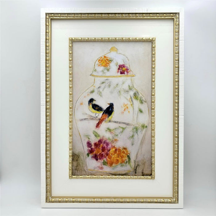19.5x1.4x27.5" Double Wood Framed Ginger Jar w Birds Wall Décor