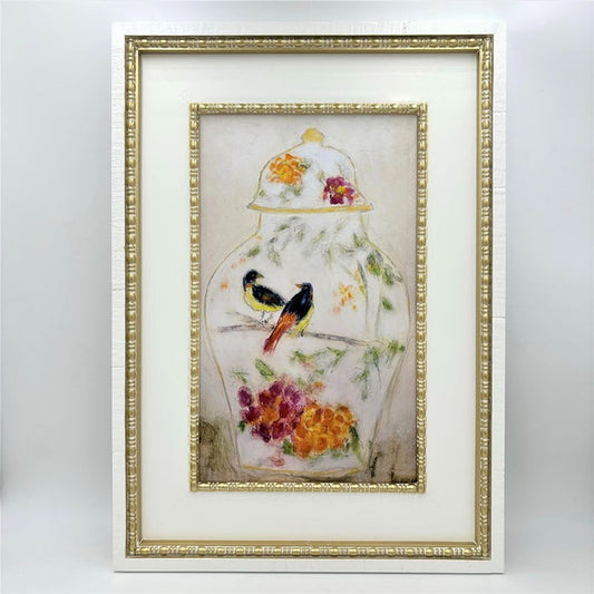 19.5x1.4x27.5" Double Wood Framed Ginger Jar w Birds Wall Décor