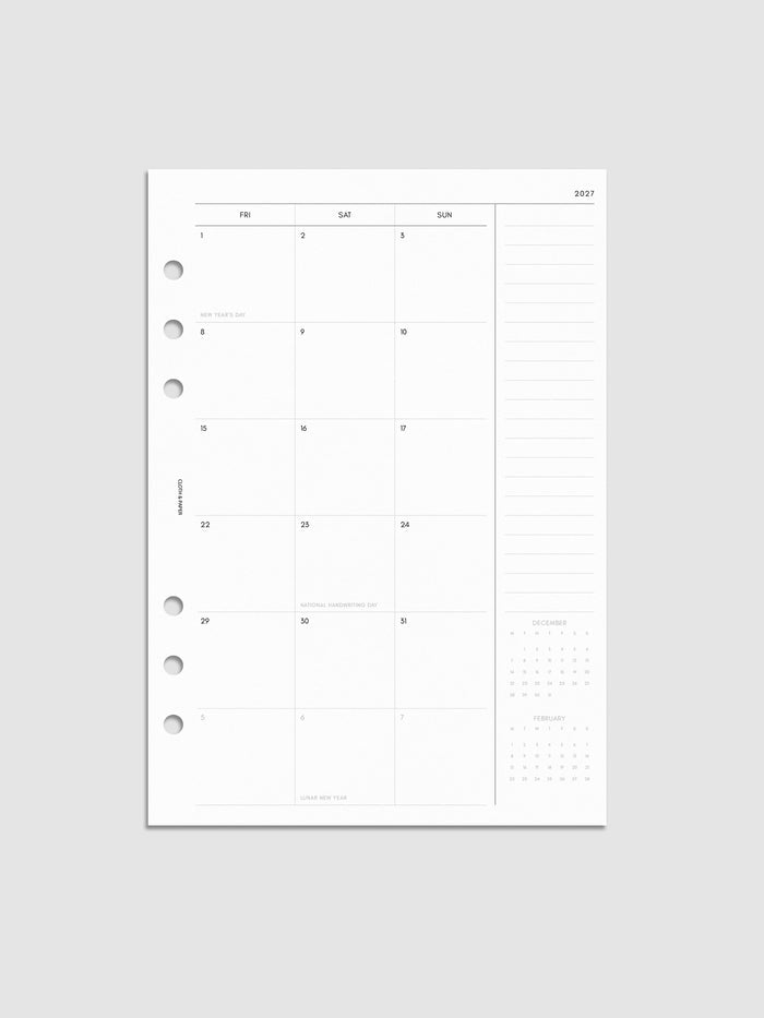 2027 Dated Monthly Planner Inserts Monday Start, right page showing two-page monthly calendar spread with Monday start, notes column along the far right, and mini calendars in the bottom right corner
