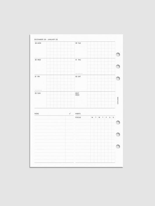 Digital mockup of the left page of the 2027 Dated Weekly Admin insert in A5 6-Ring Punch size, showing the weekly overview with sections for tasks and habit tracking