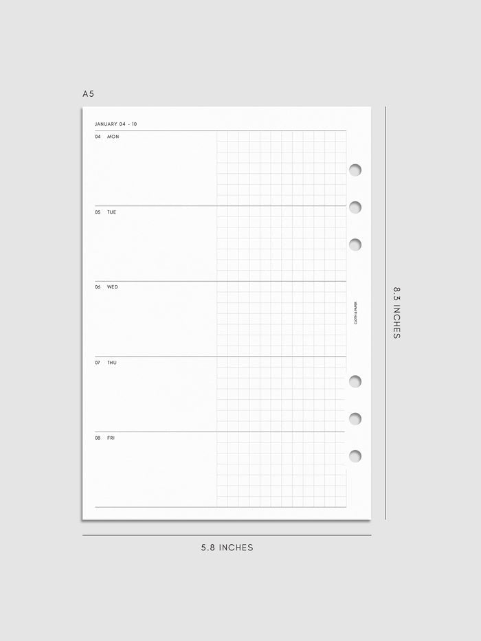 Mockup of the 2027 Dated Weekly Horizontal Planner Inserts | Monday Start's left page shown in size A5 6-Ring Punch.