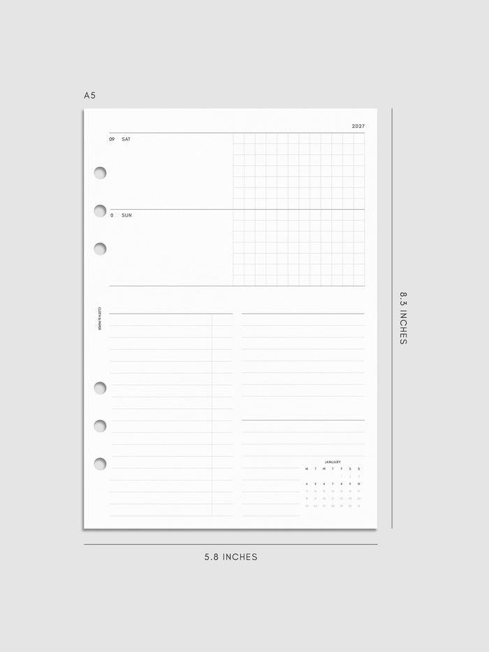 Mockup of the 2027 Dated Weekly Horizontal Planner Inserts | Monday Start's right page shown in size A5 6-Ring Punch.