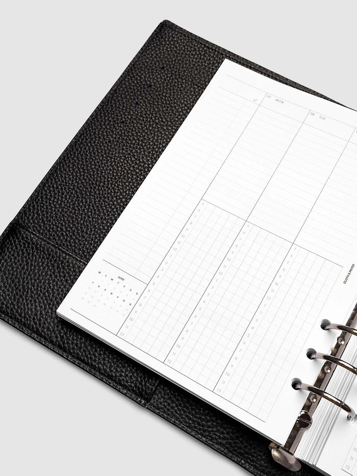 A5 6-Ring Punch left page detail showing task column, mini monthly calendar, and lined section in a planner