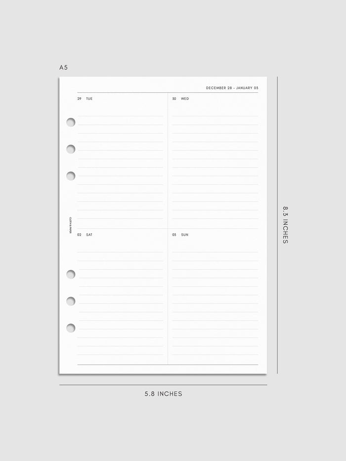 2027 Dated Weekly Vertical Planner Inserts, Monday Start, A5 6-Ring Punch, right page of weekly spread showing a two-column two-row daily grid with lined sections throughout