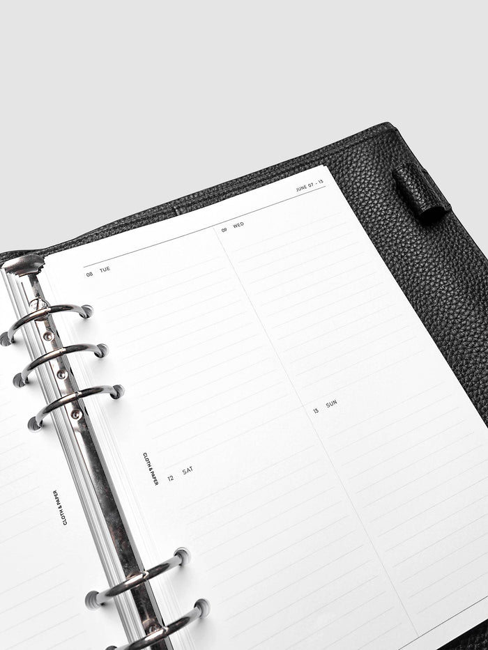 2027 Dated Weekly Vertical Planner Inserts, Monday Start, A5 6-Ring Punch, close-up of the top of the right page showing the upper daily grid sections with lined areas for notes and appointments