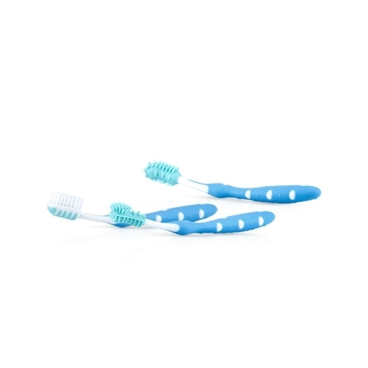 Two blue and white Nuby 3-Stage Oral Care System baby toothbrushes with soft bristles and textured handles are displayed on a white background, ideal for gentle dental hygiene.