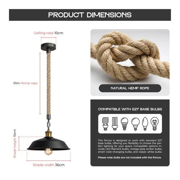 36cm Metal 1M Hemp Light E27 Dimmable Easy Fit ~6787