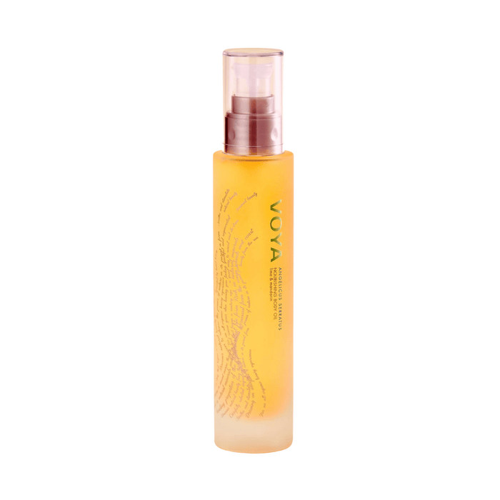 Bottle of Angelicis Serratus Nourishing Body Oil | VOYA with golden liquid and pump dispenser, designed for skincare and body care wellness.