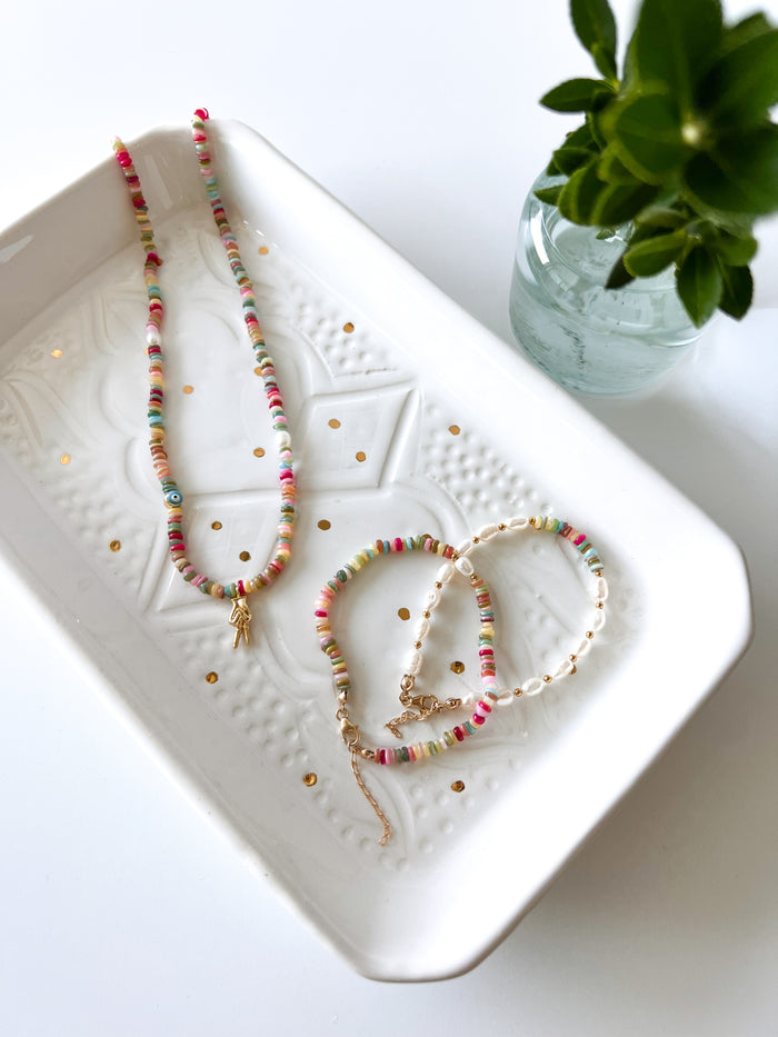 Bright Shell Heishi Bead & Pearl Bracelet