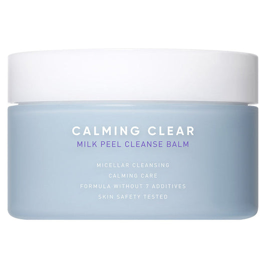 Calming Clear Milk Peel Cleanse Balm | Leaders in a light blue jar with white lid, designed for micellar cleansing and gentle skincare with a formula free of seven additives.