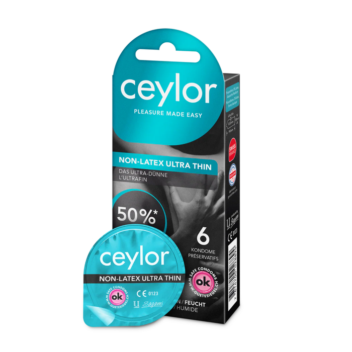 Product photo of a Ceylor 'Non-Latex Ultra Thin' condom box containing 6 pieces, standing next to a single opened round foil packet. The packaging is bright teal/turquoise and black with white text.