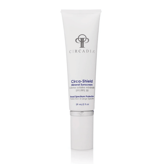 White tube of Circa-Shield - Mineral Sunscreen SPF 30 | Circadia with broad spectrum protection, designed for skincare and sun protection in a sleek, minimal packaging.