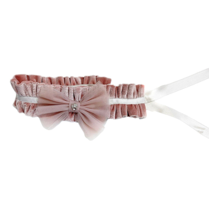 Clara Pink Velour Sash Headband in blush velour with oversized tulle bow and crystal center detail.