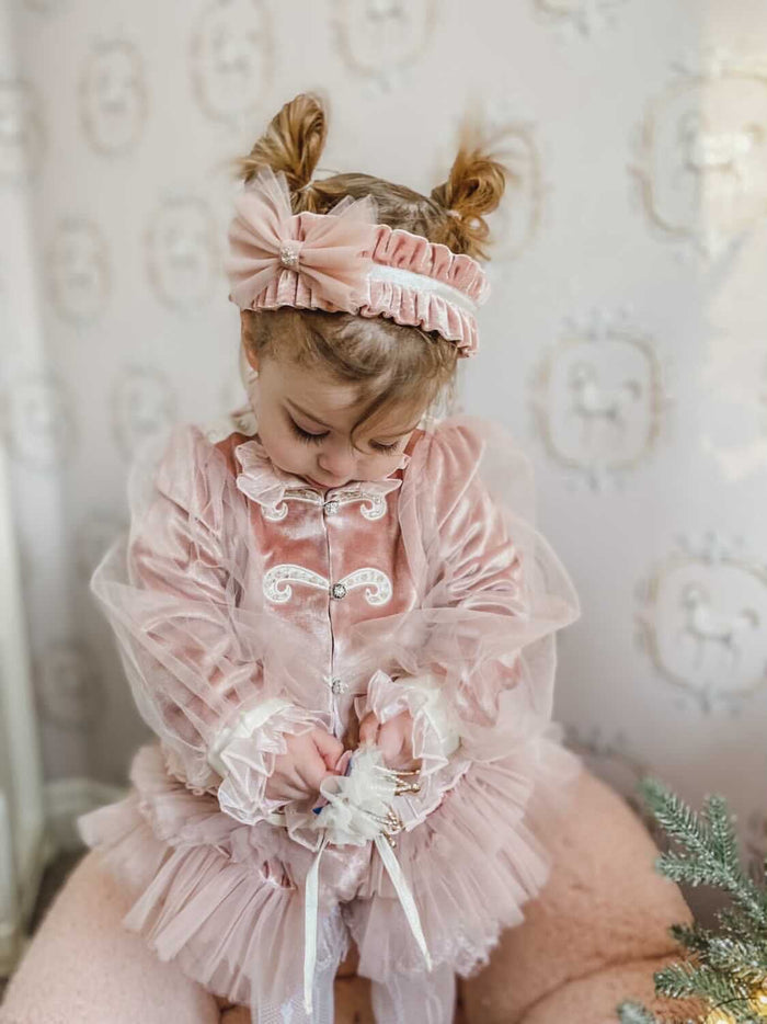 Clara Pink Velour Sash Headband paired with matching velour set, luxury blush hair accessory for girls.