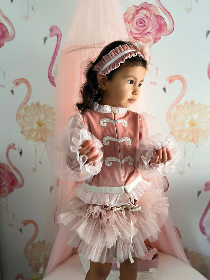 Girls Clara Pink Velour Sash Headband with gathered velour band and oversized blush bow.