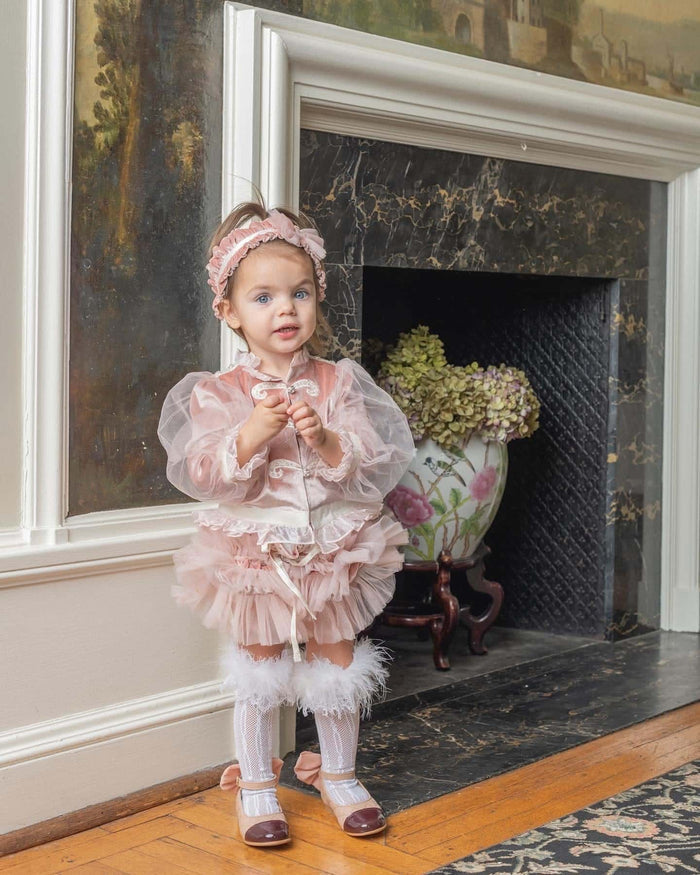 Clara Pink Velour Sash Headband styled with matching velour ensemble, elegant blush headband for holiday or special events.