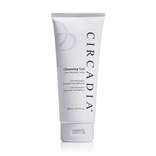 Tube of Cleansing Gel with Mandelic Acid | Circadia, a skincare product featuring a clean white design with black and gray text, designed for refreshing and gentle skin cleansing.