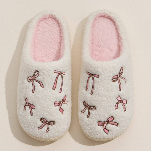 Cozy Bow Embroidered Plush Slippers