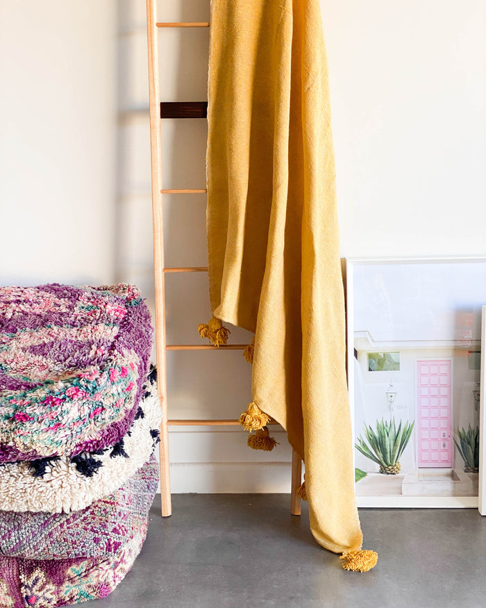 Curry Yellow handwoven Moroccan pom pom blanket