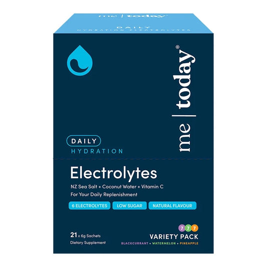 Me Today Daily Hydration Electrolytes Variety Pack with blackcurrant, watermelon & pineapple flavours.