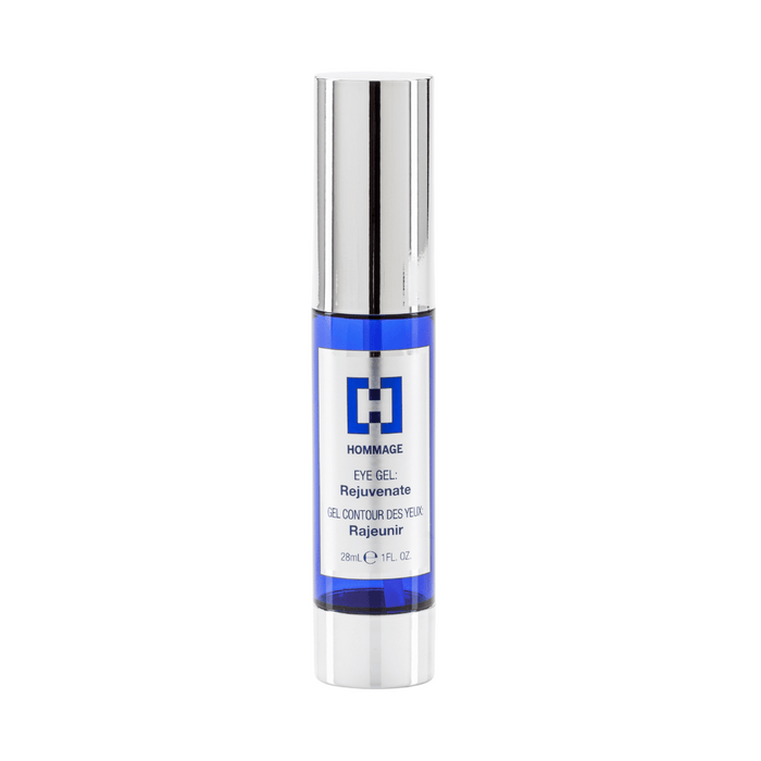 Blue and silver bottle of Eye Gel 28mL | Hommage, a skincare product designed to rejuvenate the eye area with a sleek, modern packaging.