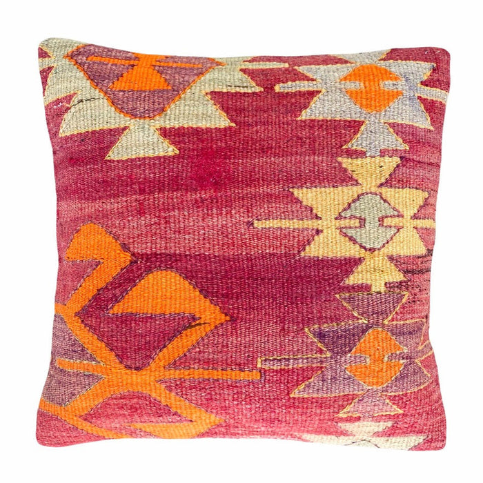 FESTIVAL IV artisan handmade turkish kilim pillow made with vintage rug textiles 16X16 PINK ORANGE