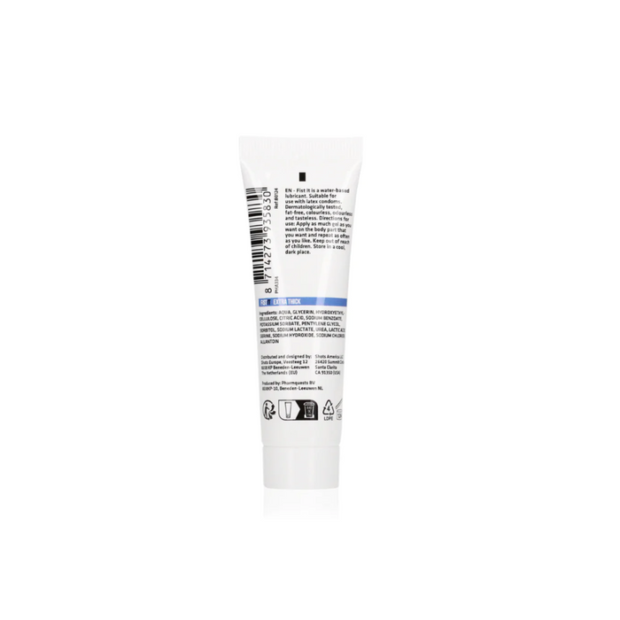 Back view of the 25ml lubricant tube, showing the barcode, multi-language instructions, and ingredient list.