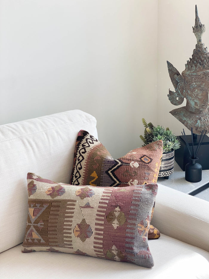 Handmade traditional Turkish kilim pillow cover made with vintage rugs 12x20 cream purple olive