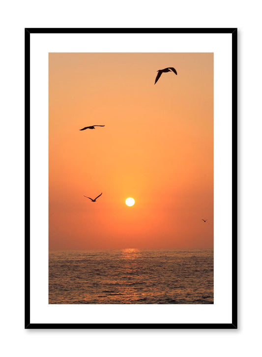 Flying into the Sunset is a minimalist photography of a scenery where three birds are flying above the sea as the orange sun sets by Opposite Wall.