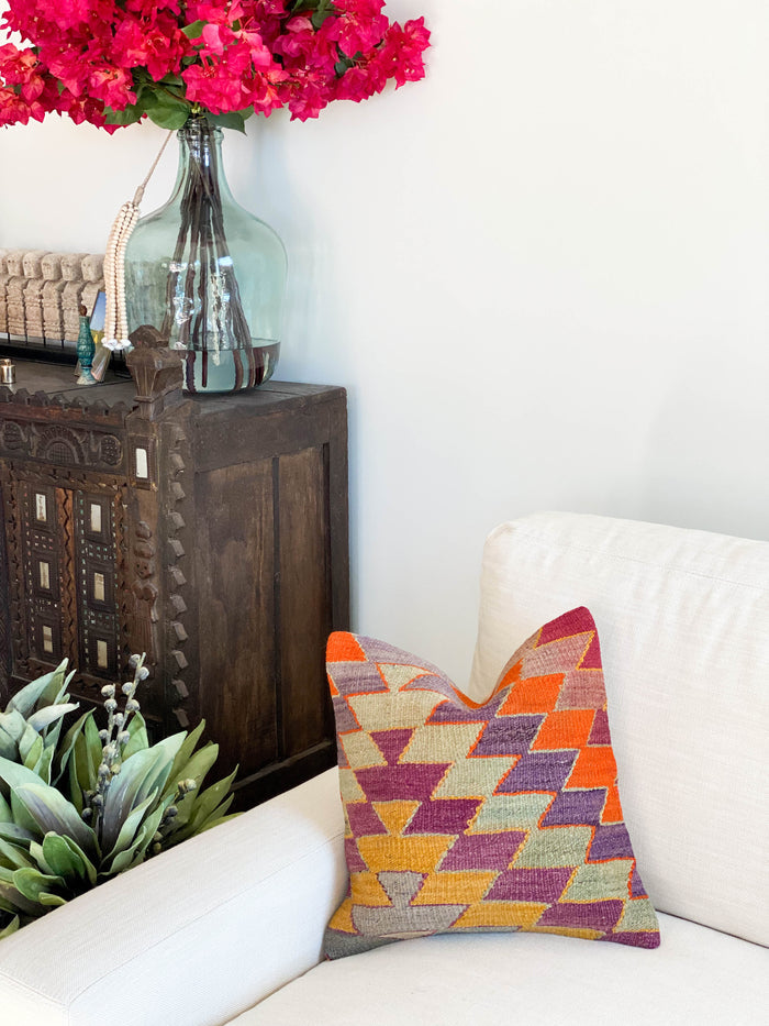 traditional Handmade Turkish kilim pillow cover made with vintage rugs 16x16 stripe