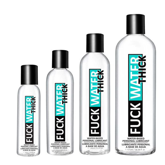 An image of four Fuck Water Thick Lubricant in 2oz, 4oz, 8oz and 16oz bottles.