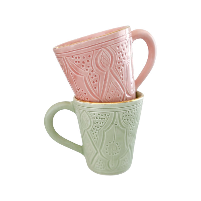 light green etched moroccan coffee cup mug