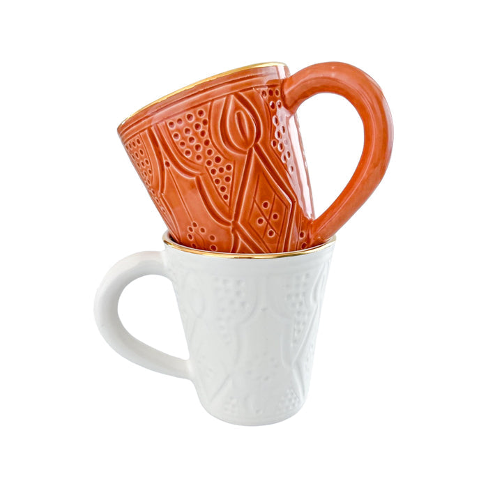white etched motif ceramic moroccan coffee cup mug