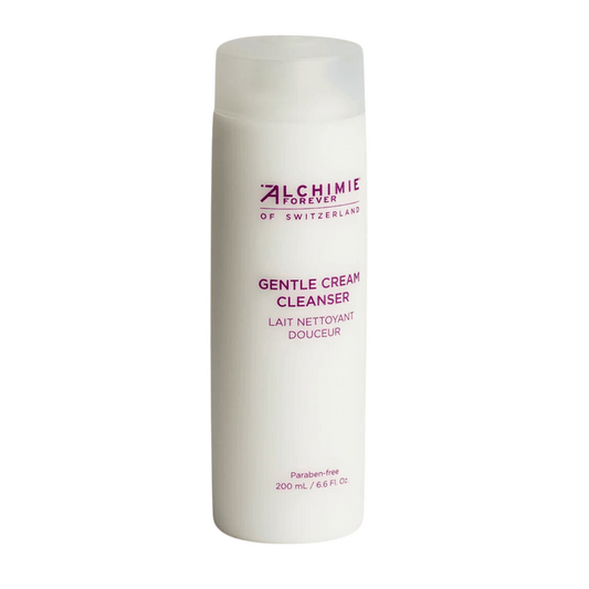 White bottle of Gentle Cream Cleanser | Alchimie Forever skincare product with a translucent cap, designed for gentle and effective face cleansing.