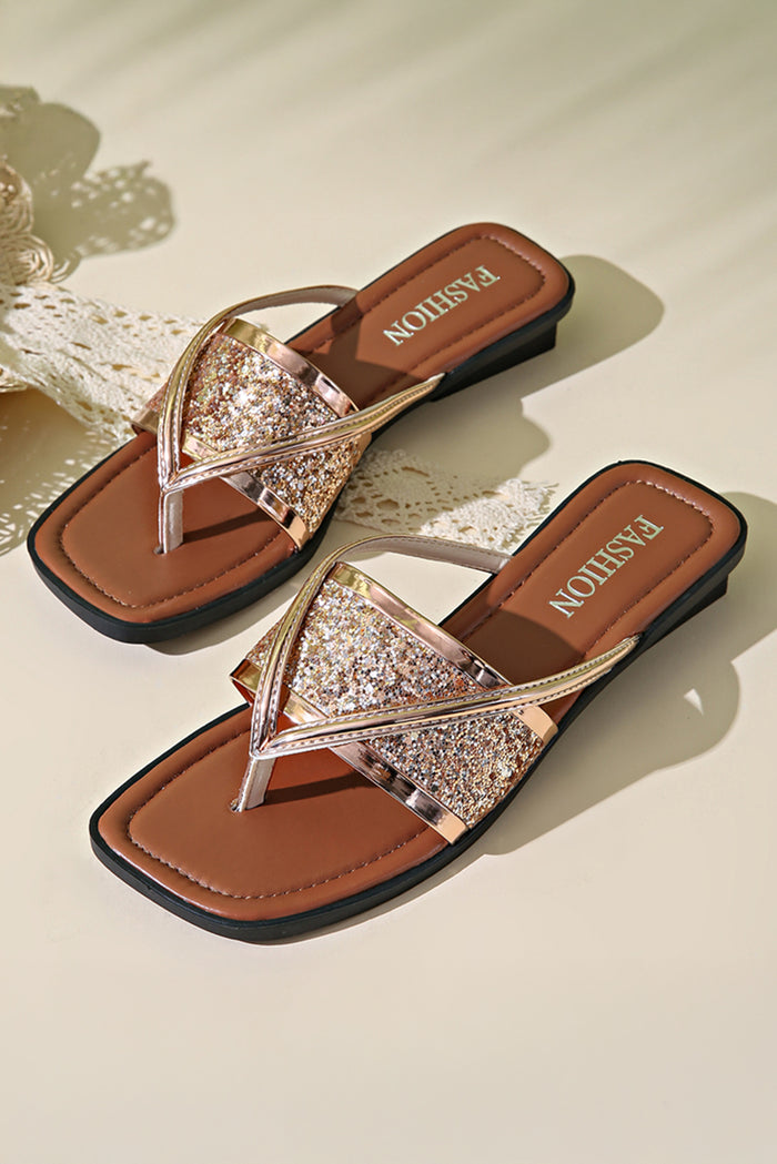 Gold Glitter Band Square Toe PU Leather Flat Slippers