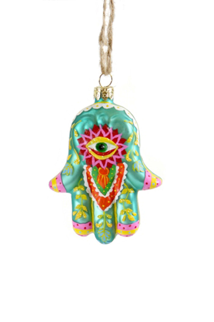 green hand of fatima boho glass christmas ornament