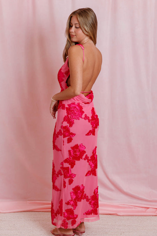 Pink Floral Open Back Maxi Dress- Embroidered Statement Occasion Dress- One and Only Dresses
